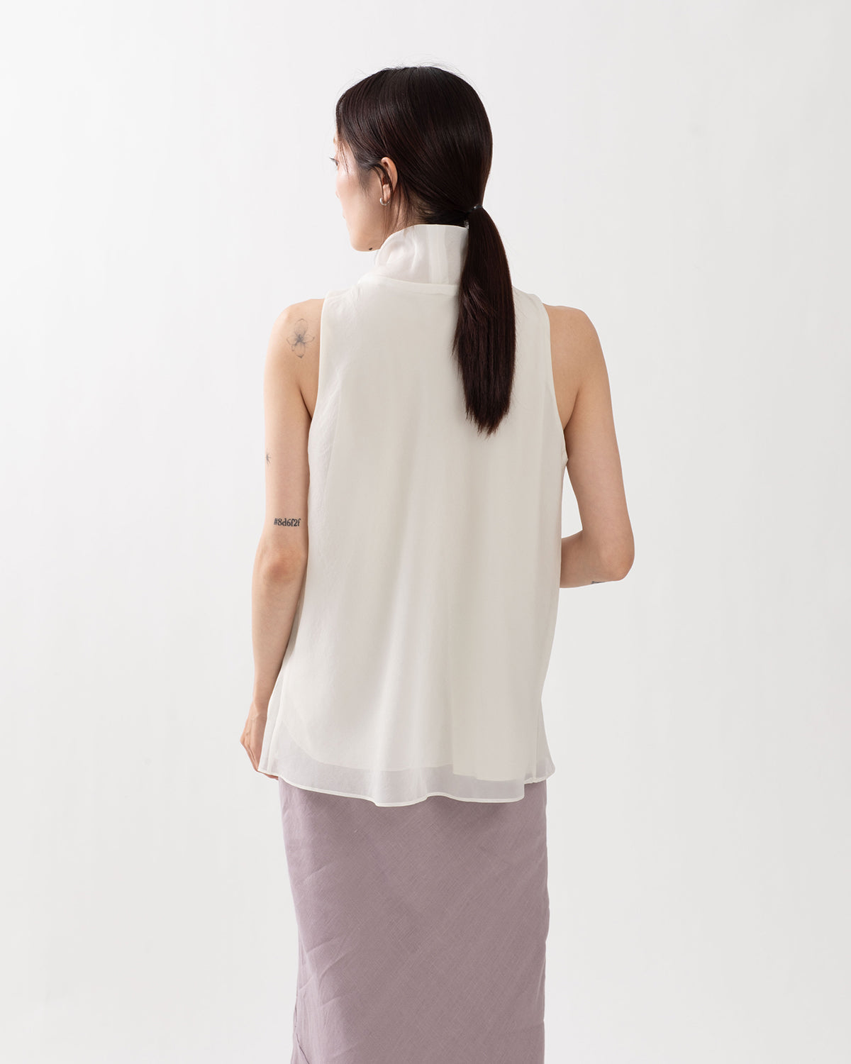 SHEER HIGH-NECK DRAPED TOP