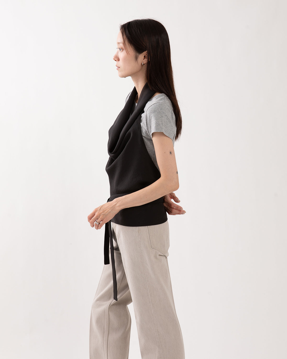 SHEER DRAPED TIE BLOUSE