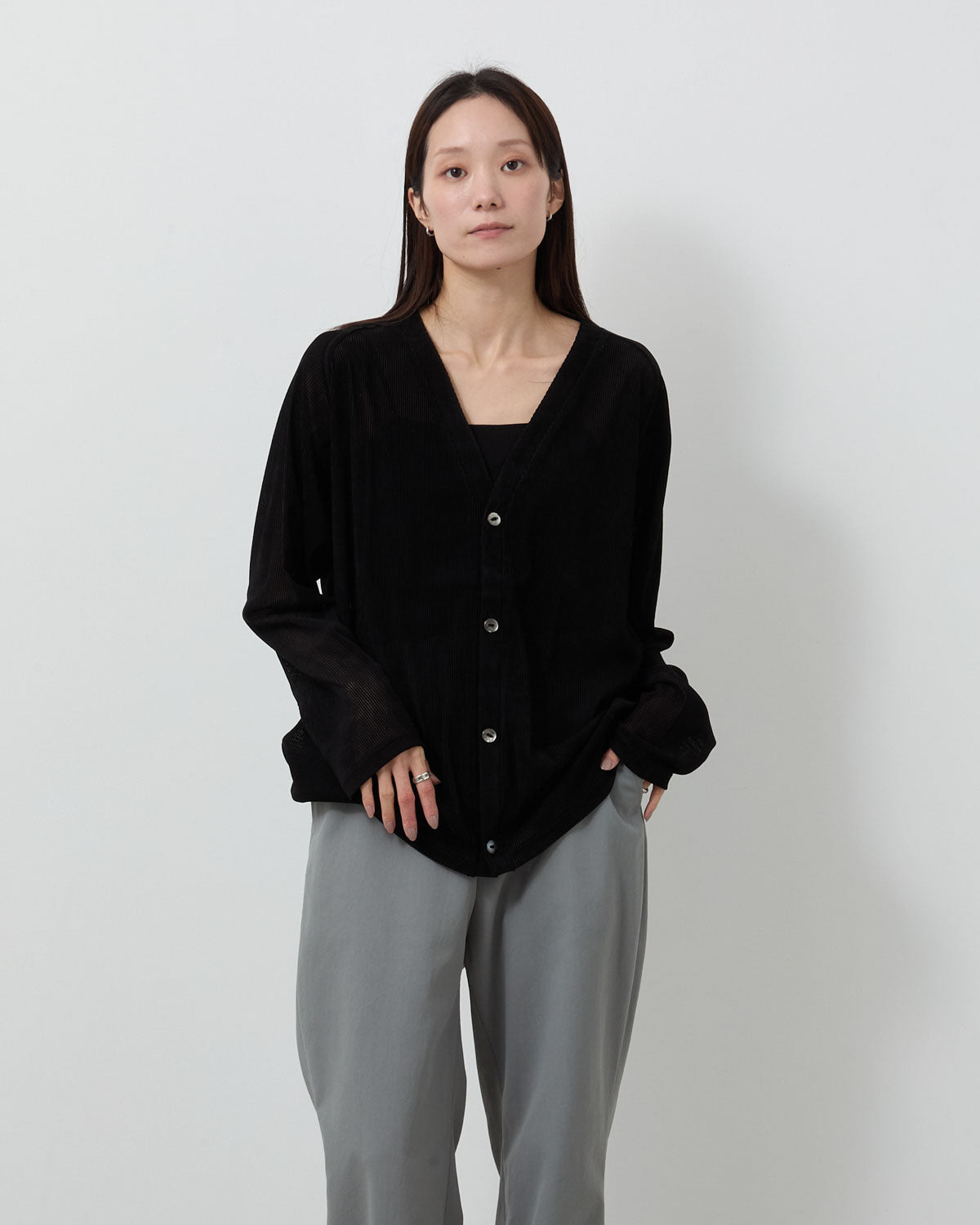 V-NECK CARDIGAN - FLOCKED STRIPE LACE