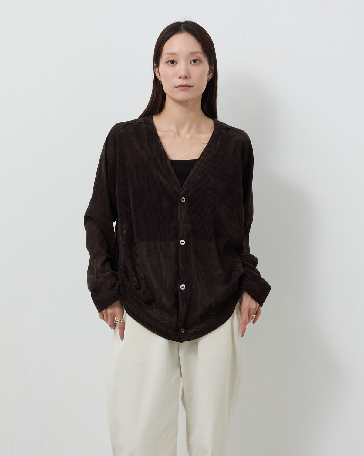 V-NECK CARDIGAN - FLOCKED STRIPE LACE
