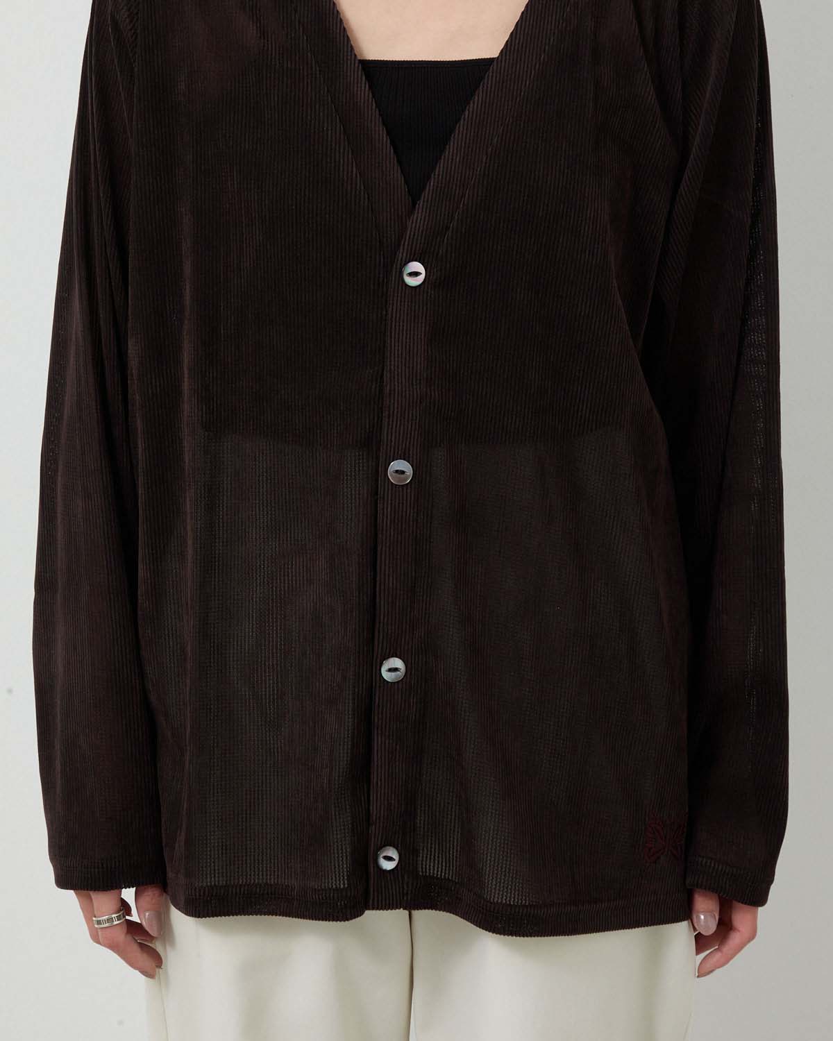 V-NECK CARDIGAN - FLOCKED STRIPE LACE