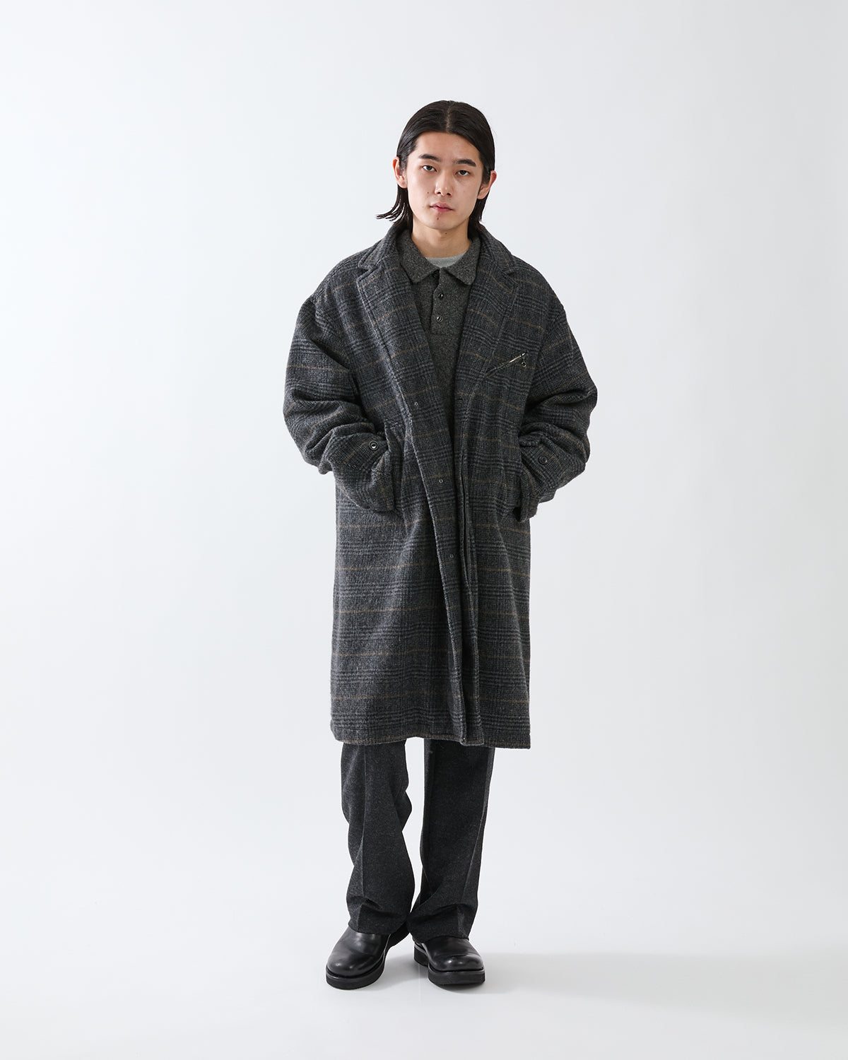 WANDERER LONG COAT WOOL POLY TWEED GLEN CHECK OW WITH WINDSTOPPER®
