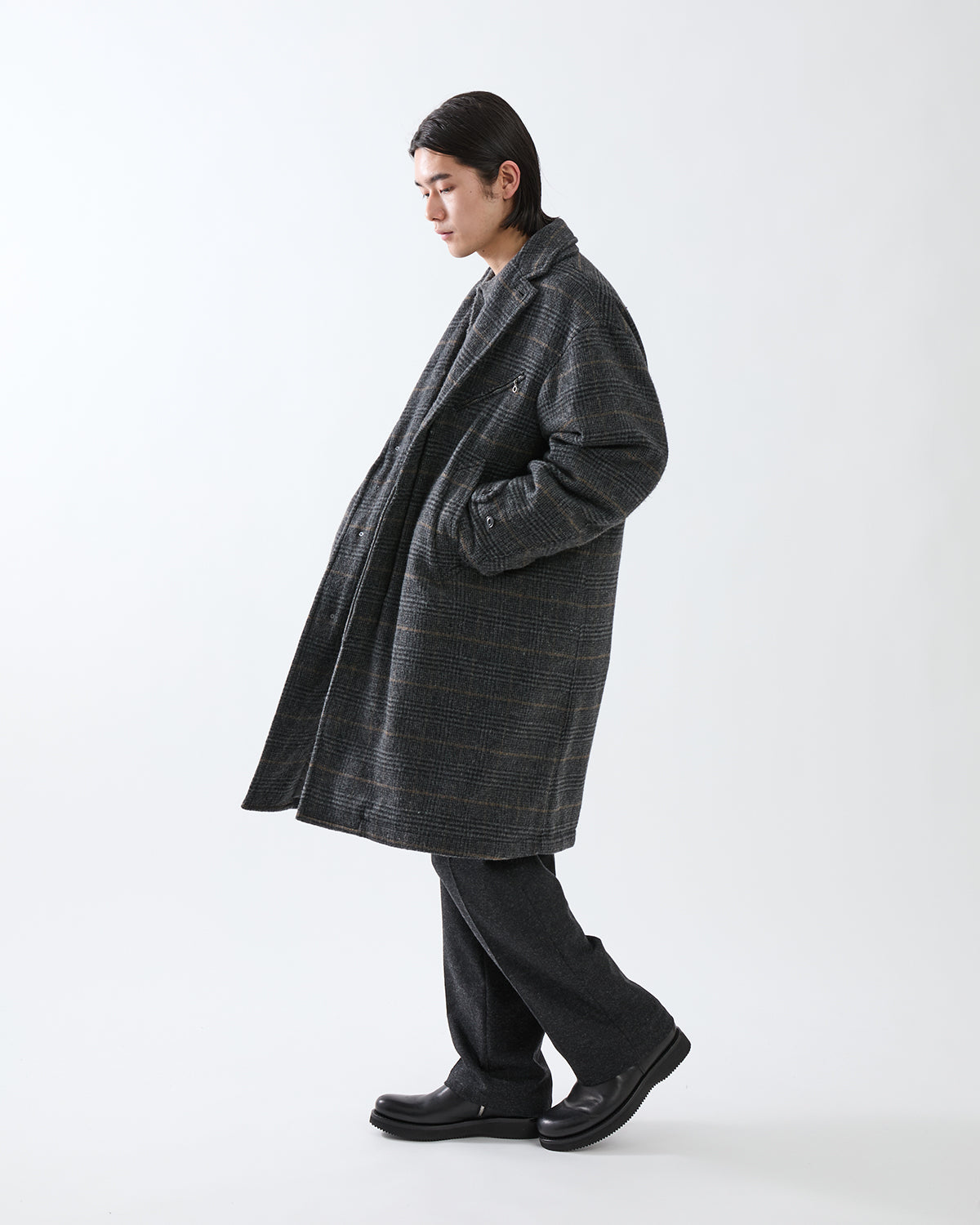 WANDERER LONG COAT WOOL POLY TWEED GLEN CHECK OW WITH WINDSTOPPER®