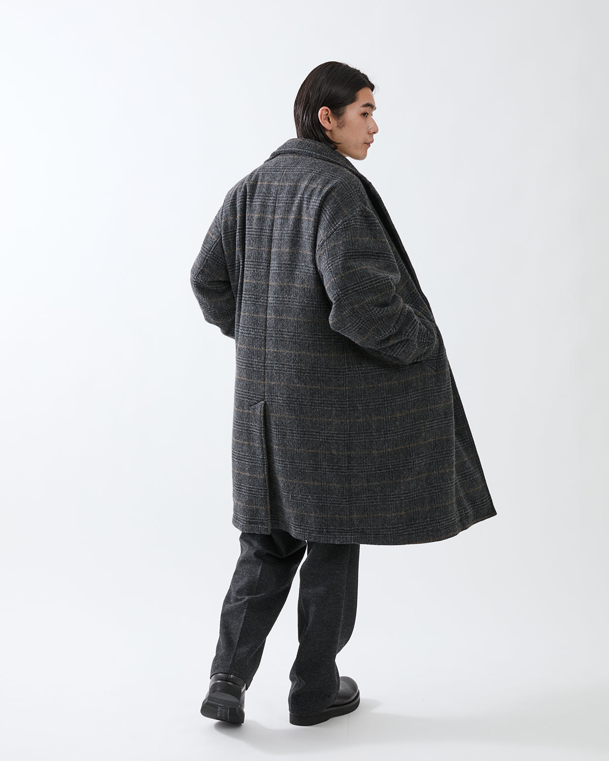 WANDERER LONG COAT WOOL POLY TWEED GLEN CHECK OW WITH WINDSTOPPER®