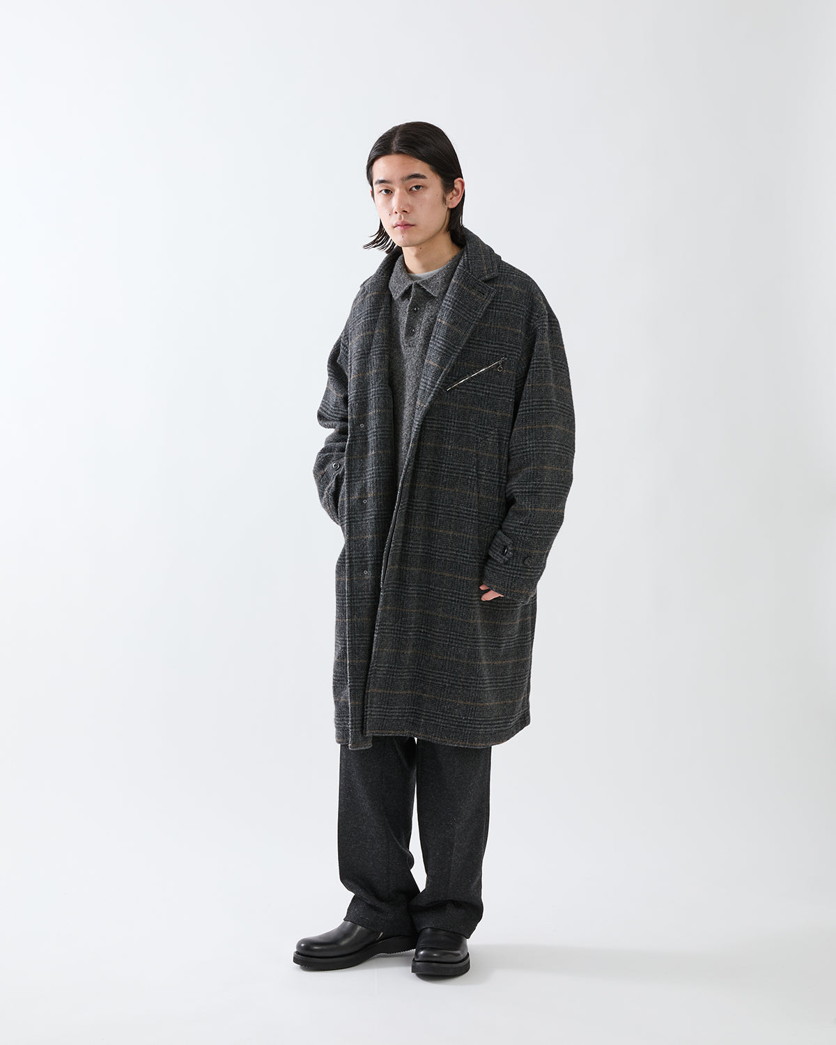 WANDERER LONG COAT WOOL POLY TWEED GLEN CHECK OW WITH WINDSTOPPER®