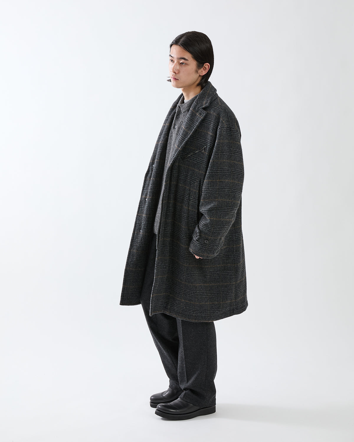 WANDERER LONG COAT WOOL POLY TWEED GLEN CHECK OW WITH WINDSTOPPER®