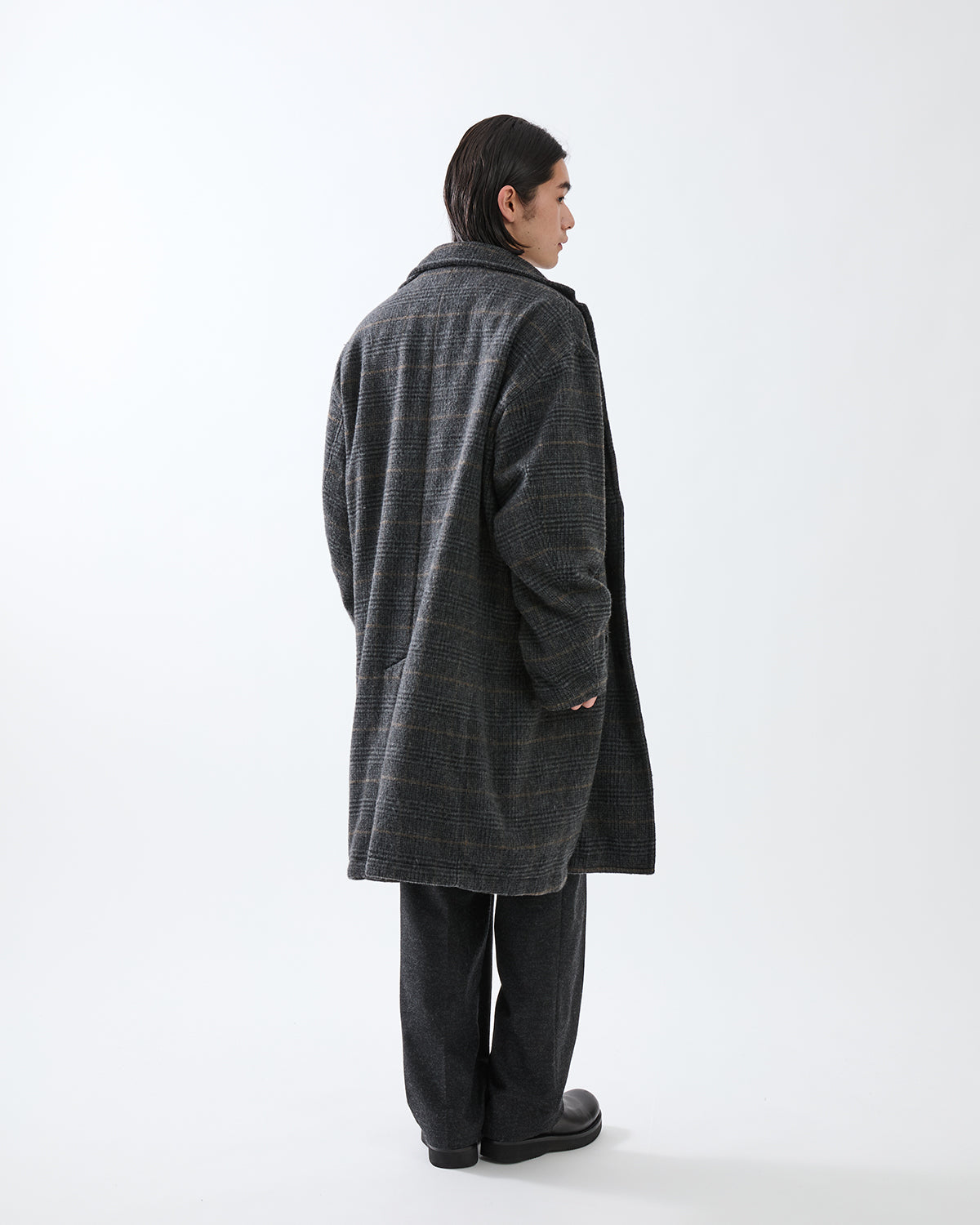 WANDERER LONG COAT WOOL POLY TWEED GLEN CHECK OW WITH WINDSTOPPER®