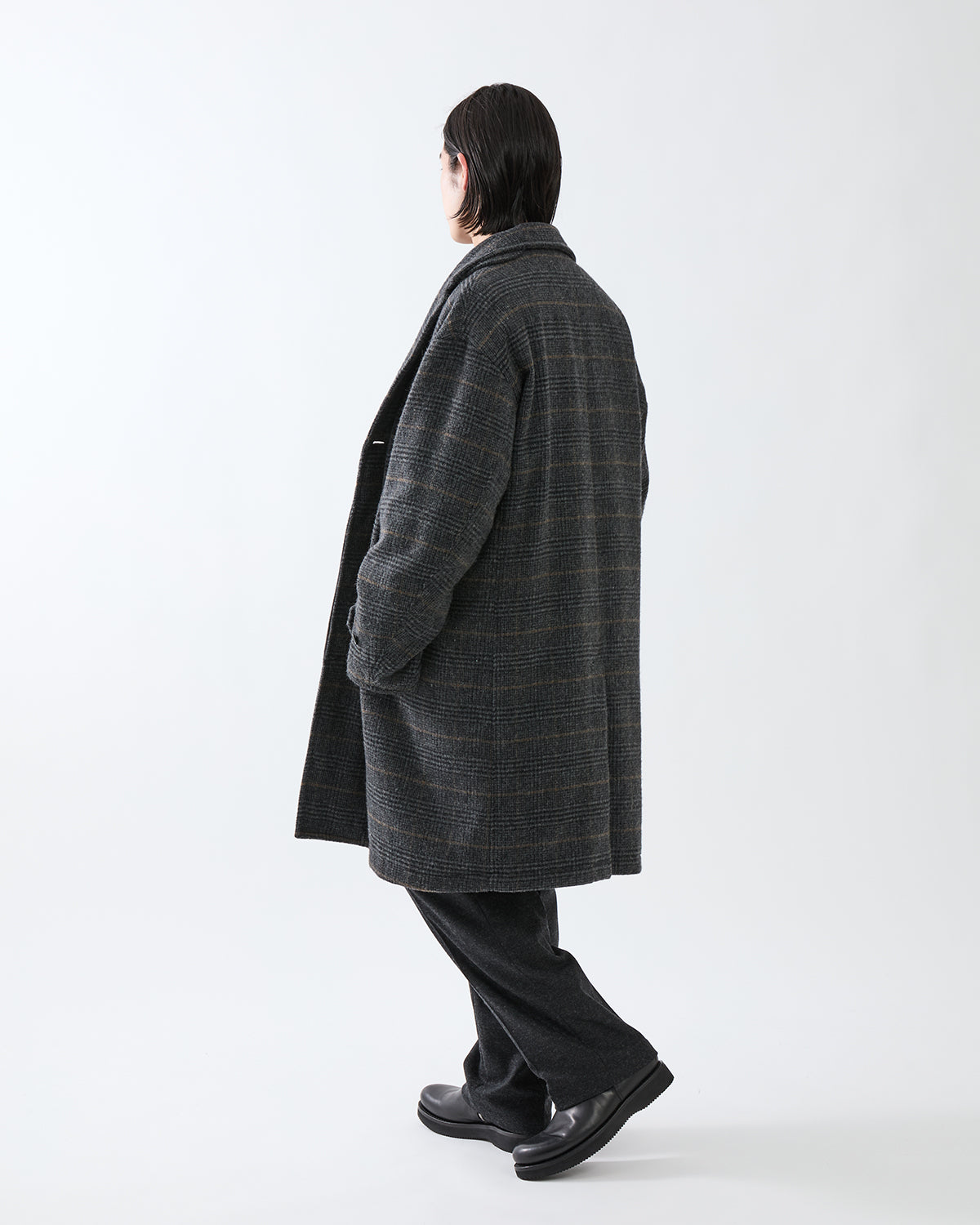 WANDERER LONG COAT WOOL POLY TWEED GLEN CHECK OW WITH WINDSTOPPER®