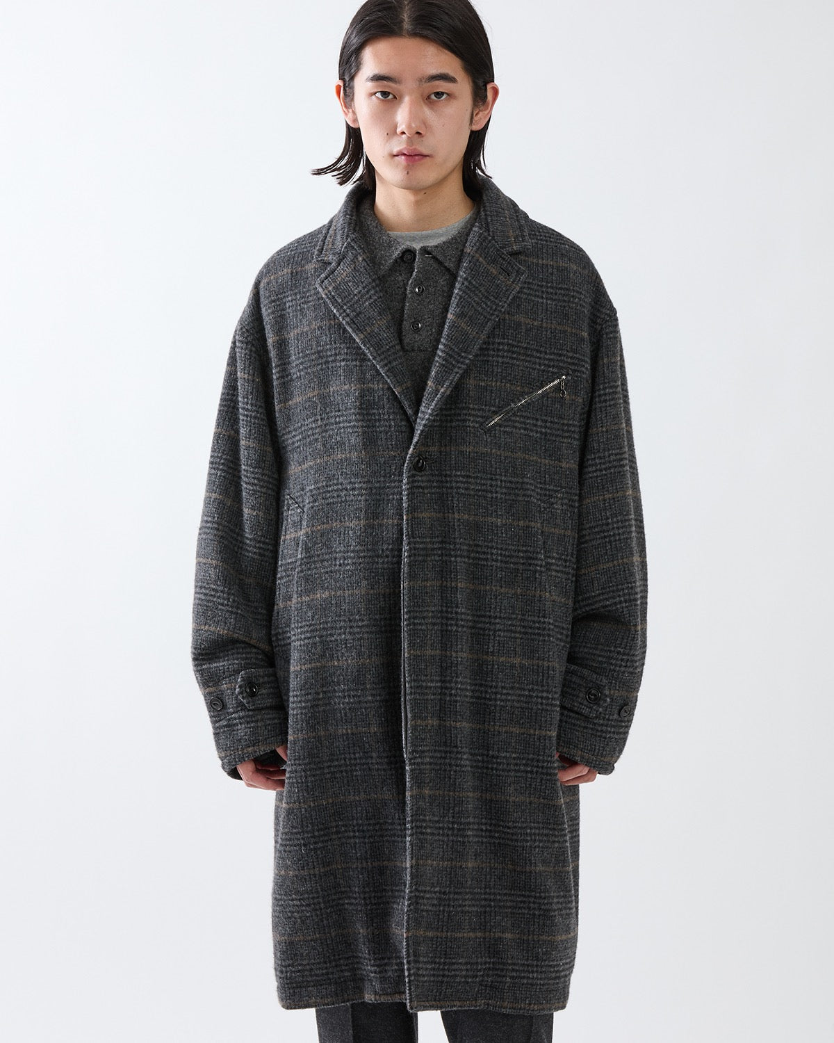 WANDERER LONG COAT WOOL POLY TWEED GLEN CHECK OW WITH WINDSTOPPER®