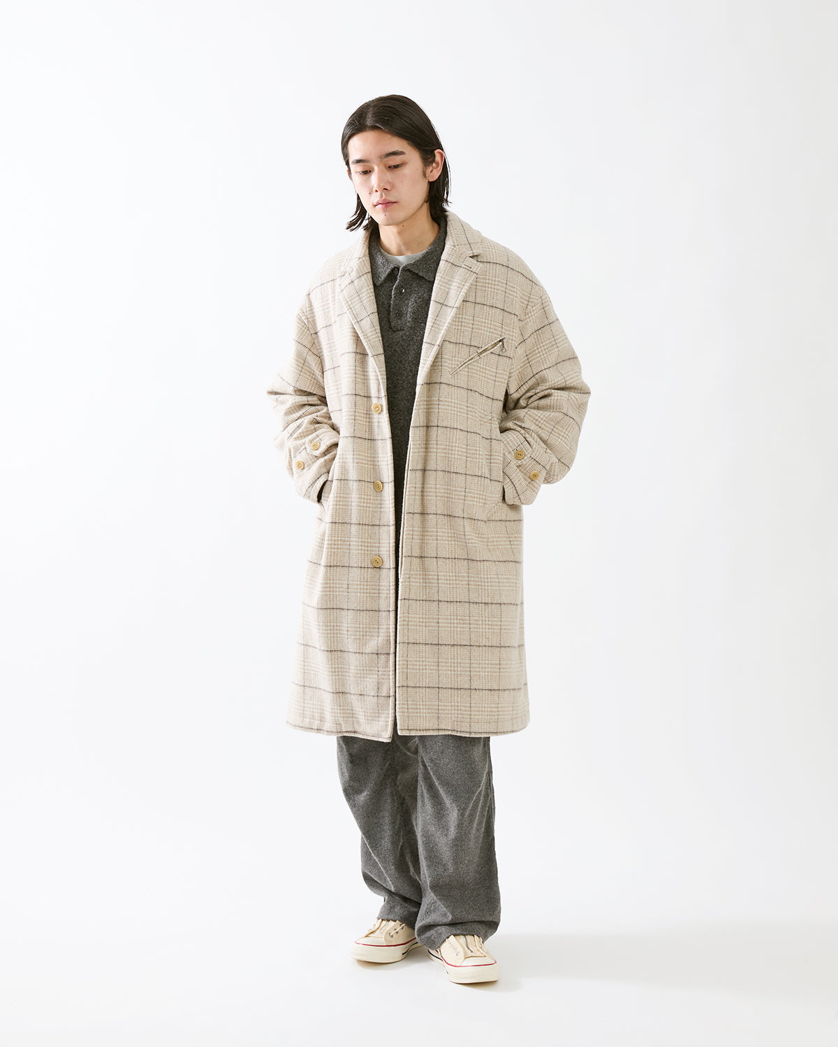 WANDERER LONG COAT WOOL POLY TWEED GLEN CHECK OW WITH WINDSTOPPER®