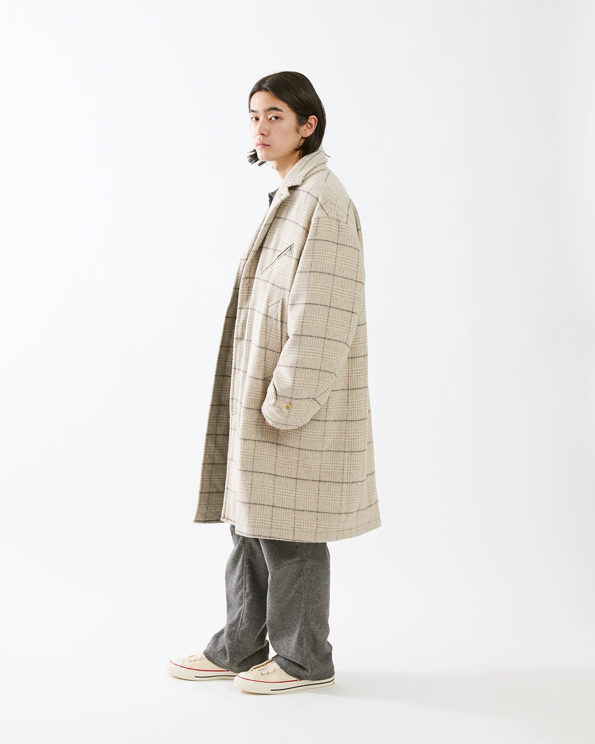 WANDERER LONG COAT WOOL POLY TWEED GLEN CHECK OW WITH WINDSTOPPER®