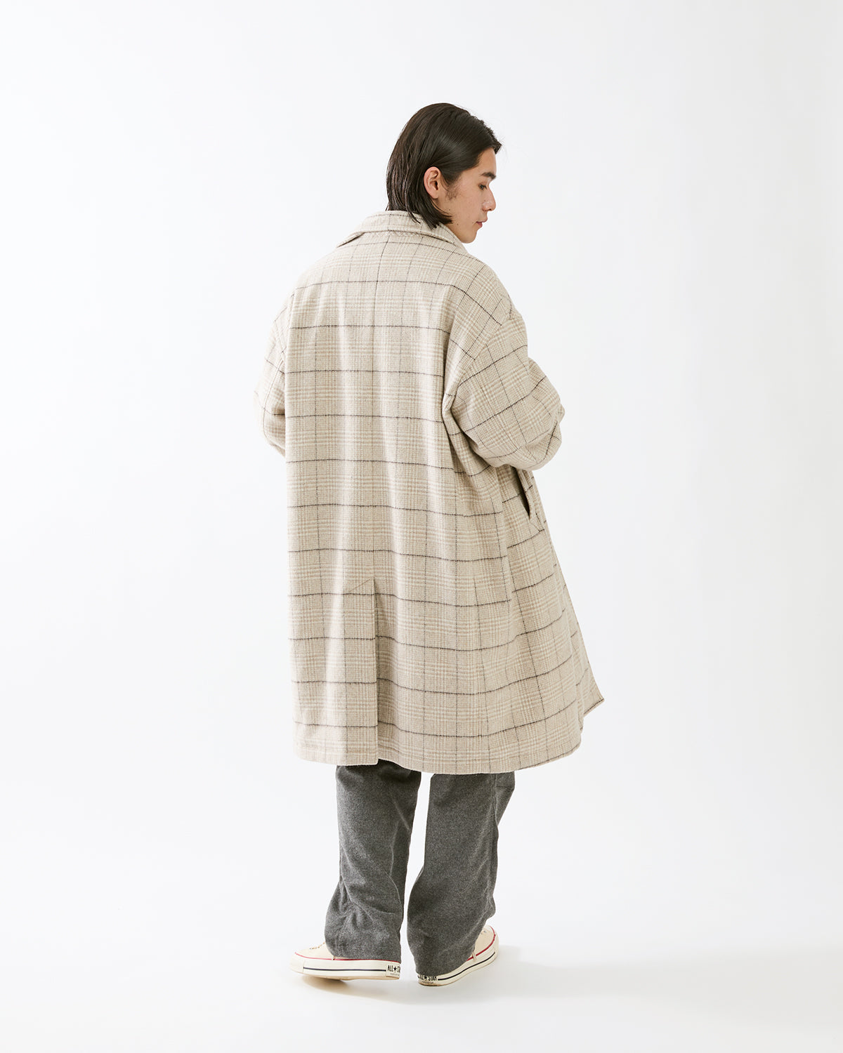 WANDERER LONG COAT WOOL POLY TWEED GLEN CHECK OW WITH WINDSTOPPER®
