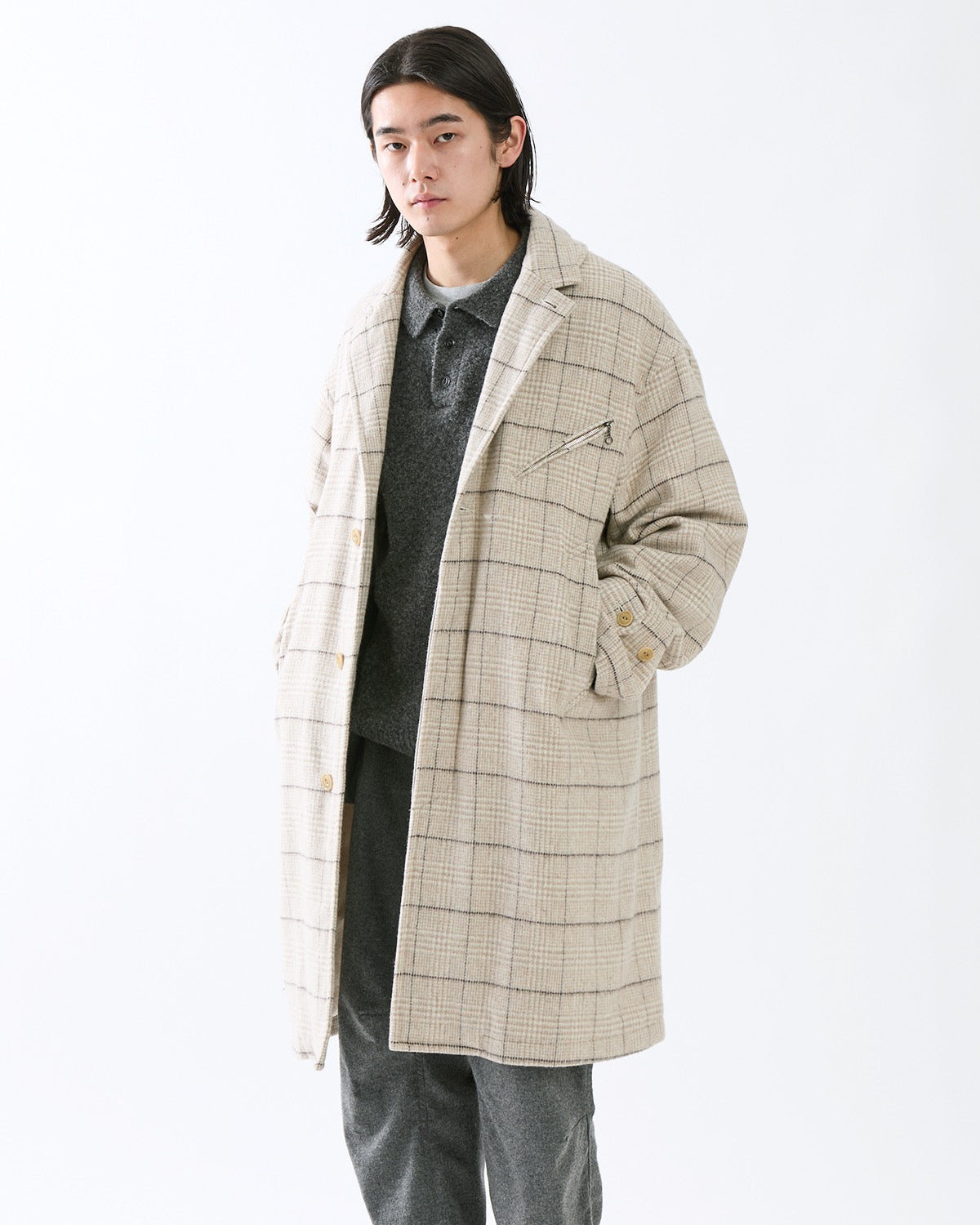 WANDERER LONG COAT WOOL POLY TWEED GLEN CHECK OW WITH WINDSTOPPER®