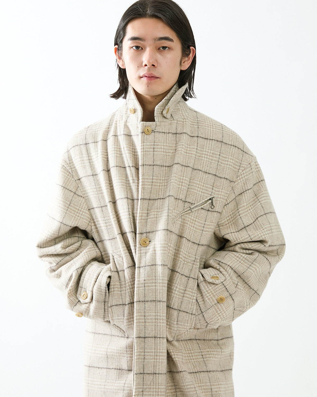 WANDERER LONG COAT WOOL POLY TWEED GLEN CHECK OW WITH WINDSTOPPER®