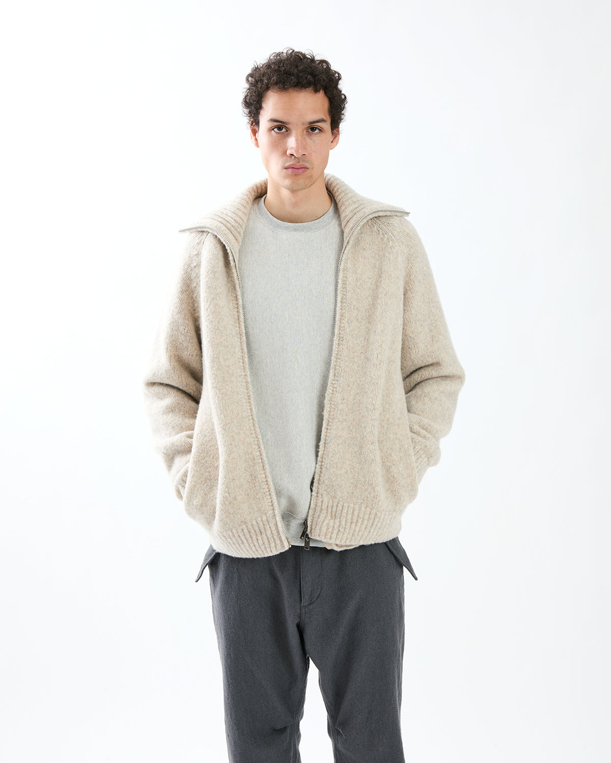 HIKER HIGH NECK ZIP BLOUSON WOOL BOUCLE KNIT