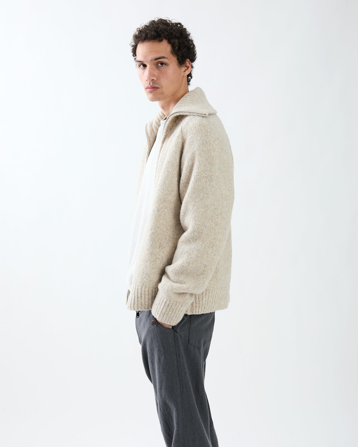HIKER HIGH NECK ZIP BLOUSON WOOL BOUCLE KNIT