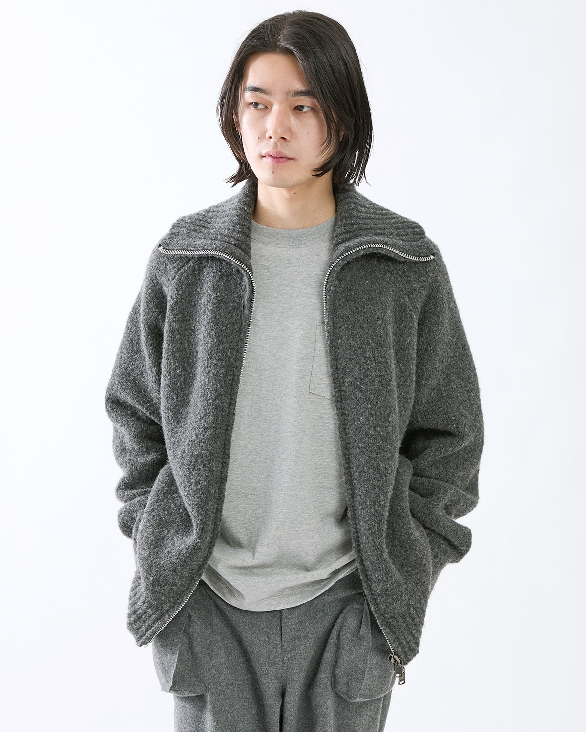 HIKER HIGH NECK ZIP BLOUSON WOOL BOUCLE KNIT