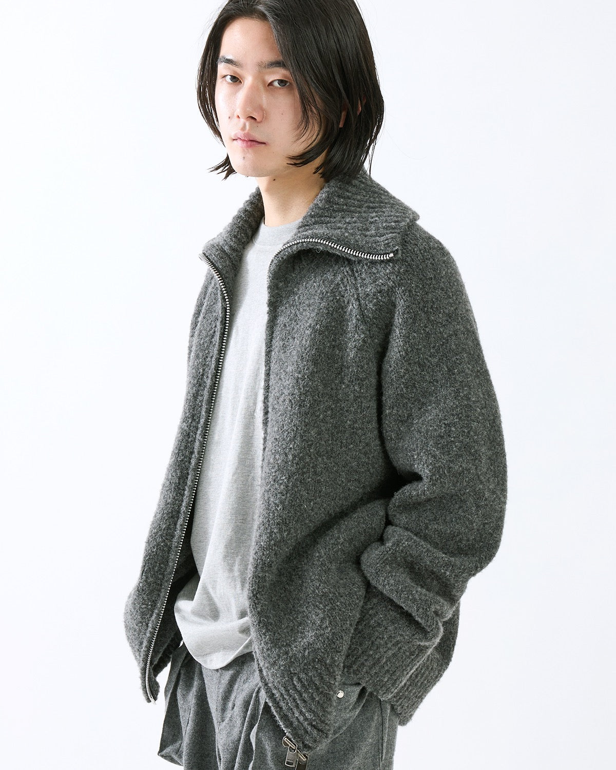 HIKER HIGH NECK ZIP BLOUSON WOOL BOUCLE KNIT