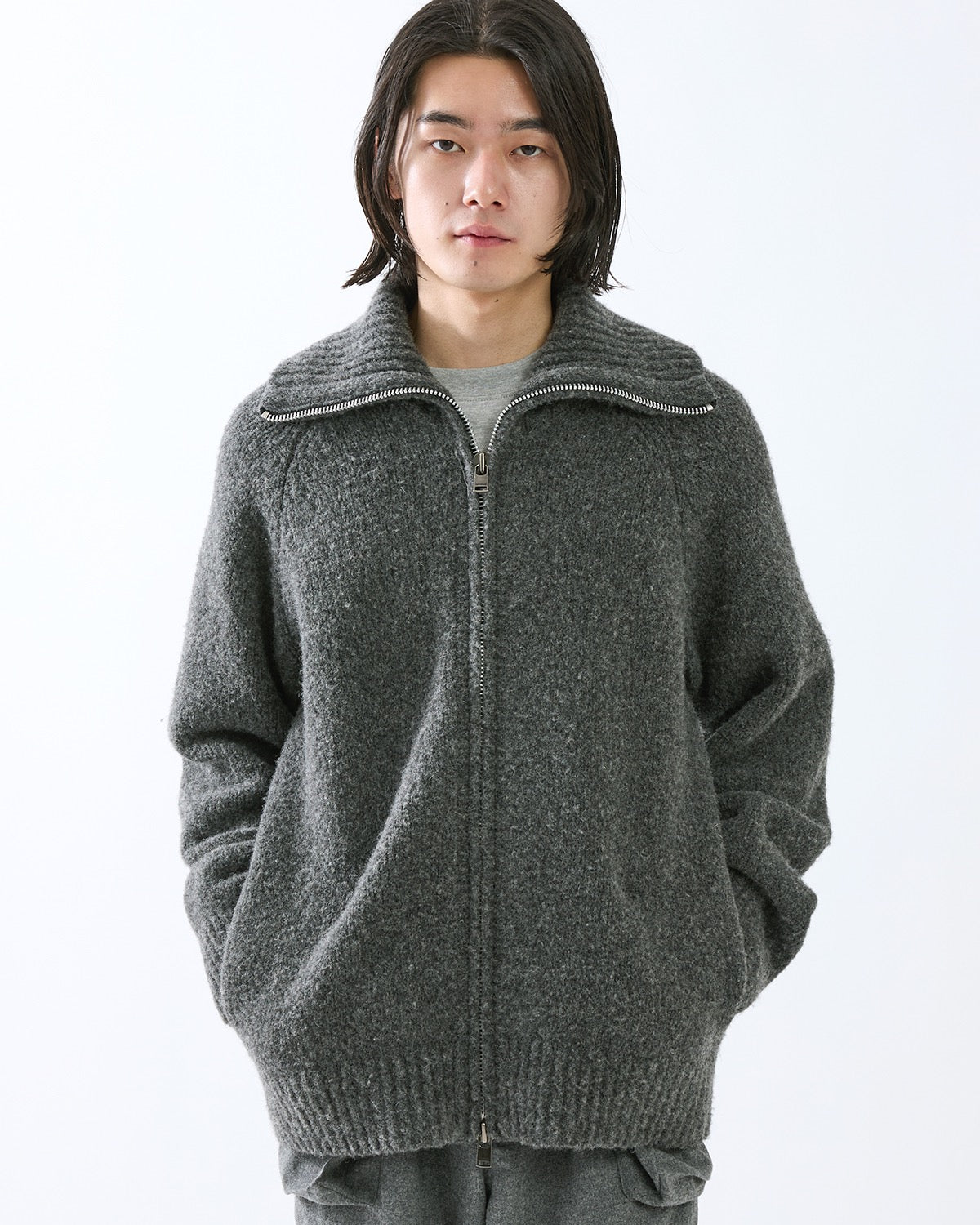 HIKER HIGH NECK ZIP BLOUSON WOOL BOUCLE KNIT