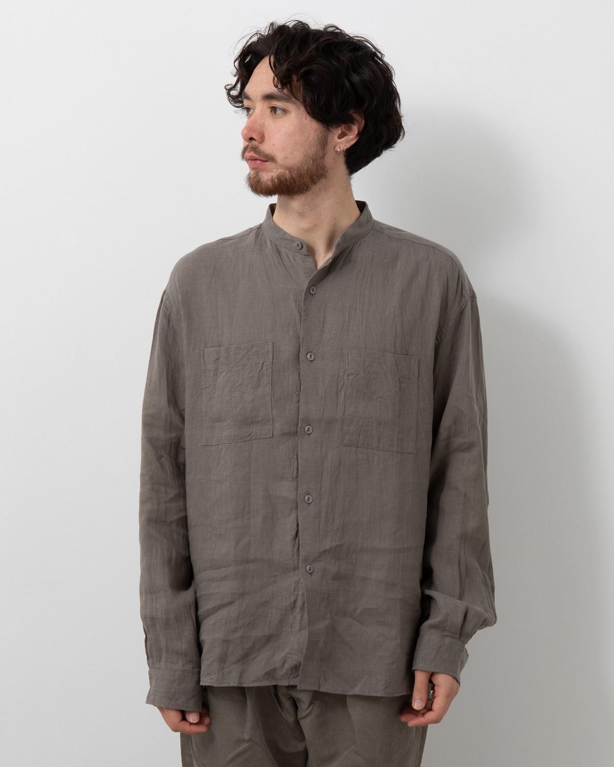 OFFICER STAND COLLAR L/S SHIRT LINEN CANVAS