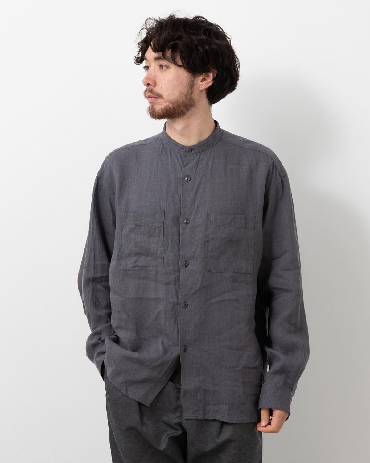 OFFICER STAND COLLAR L/S SHIRT LINEN CANVAS