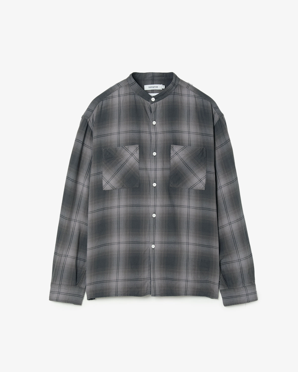 OFFICER STAND COLLAR L/S SHIRT COTTON TWILL OMBRE CHECK by Rafu
