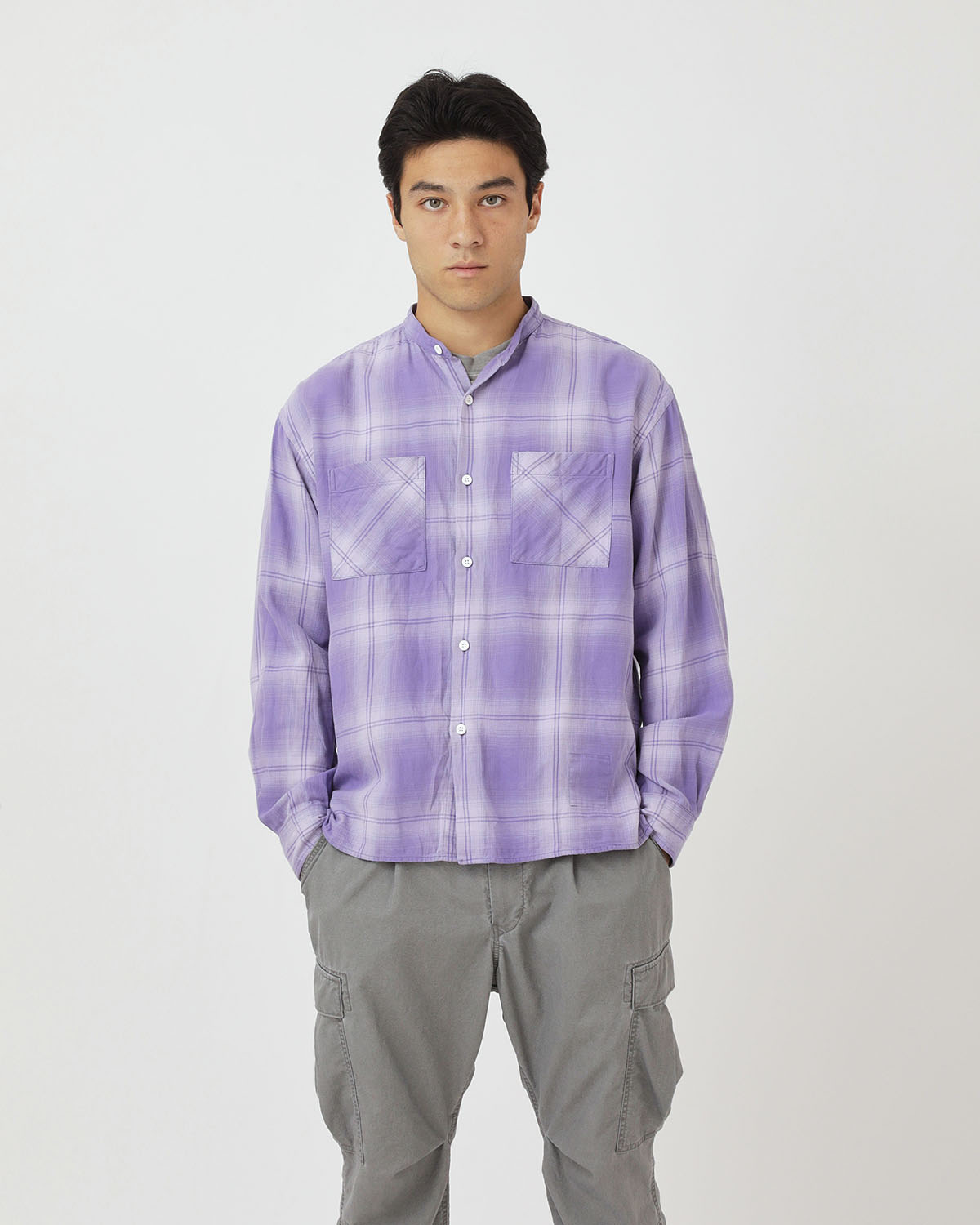 OFFICER STAND COLLAR L/S SHIRT COTTON TWILL OMBRE CHECK by Rafu