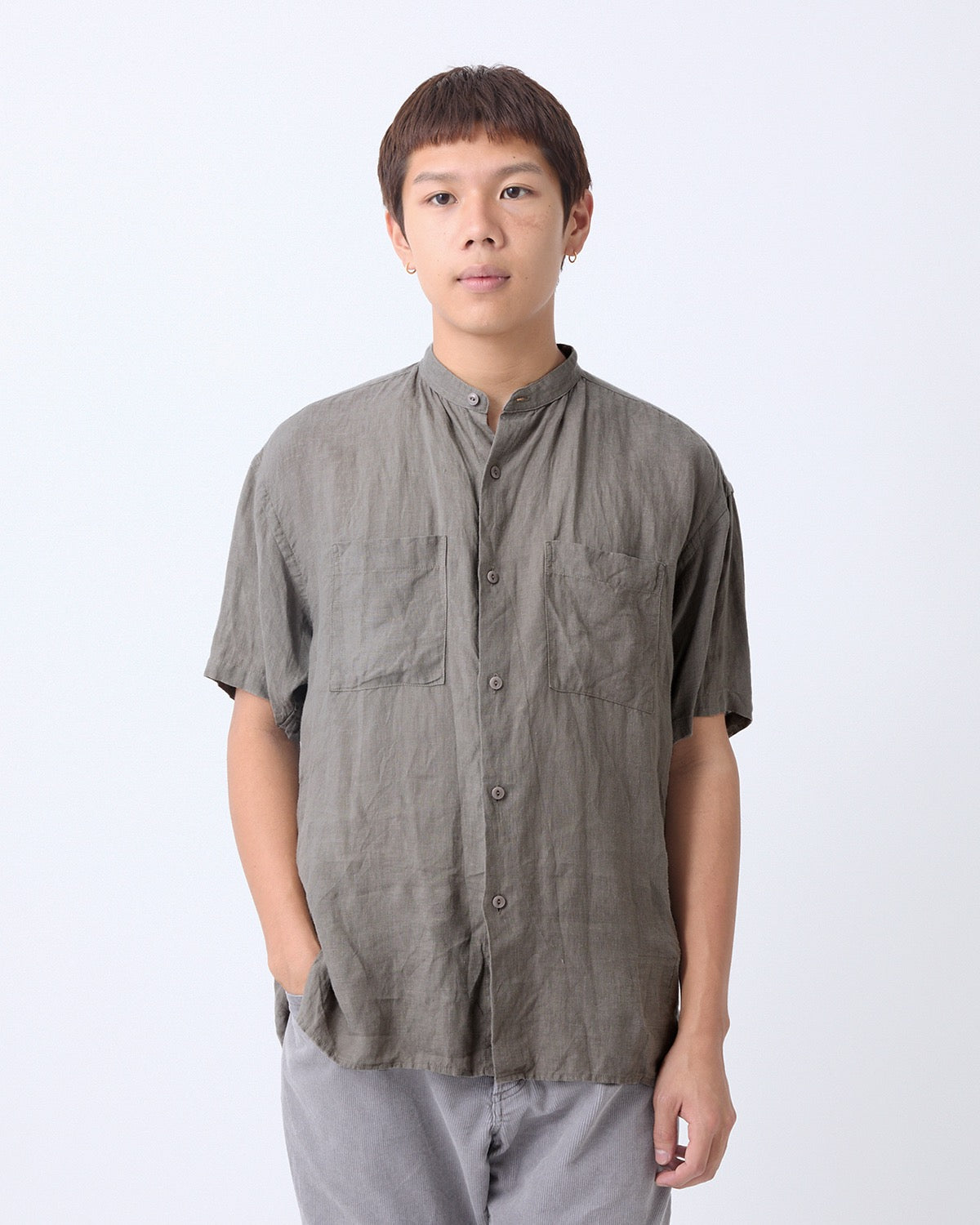 OFFICER STAND COLLAR S/S SHIRT LINEN CANVAS