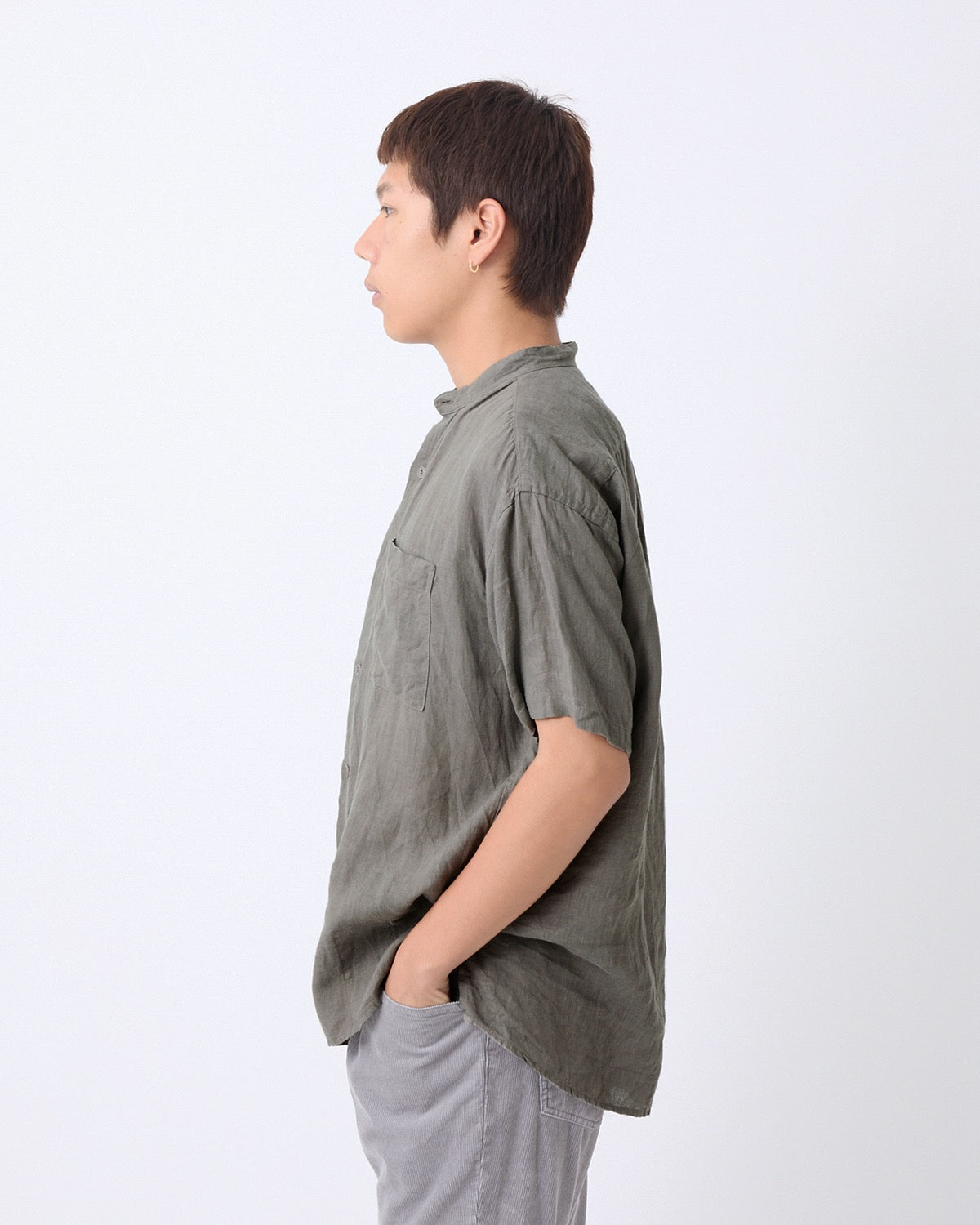 OFFICER STAND COLLAR S/S SHIRT LINEN CANVAS