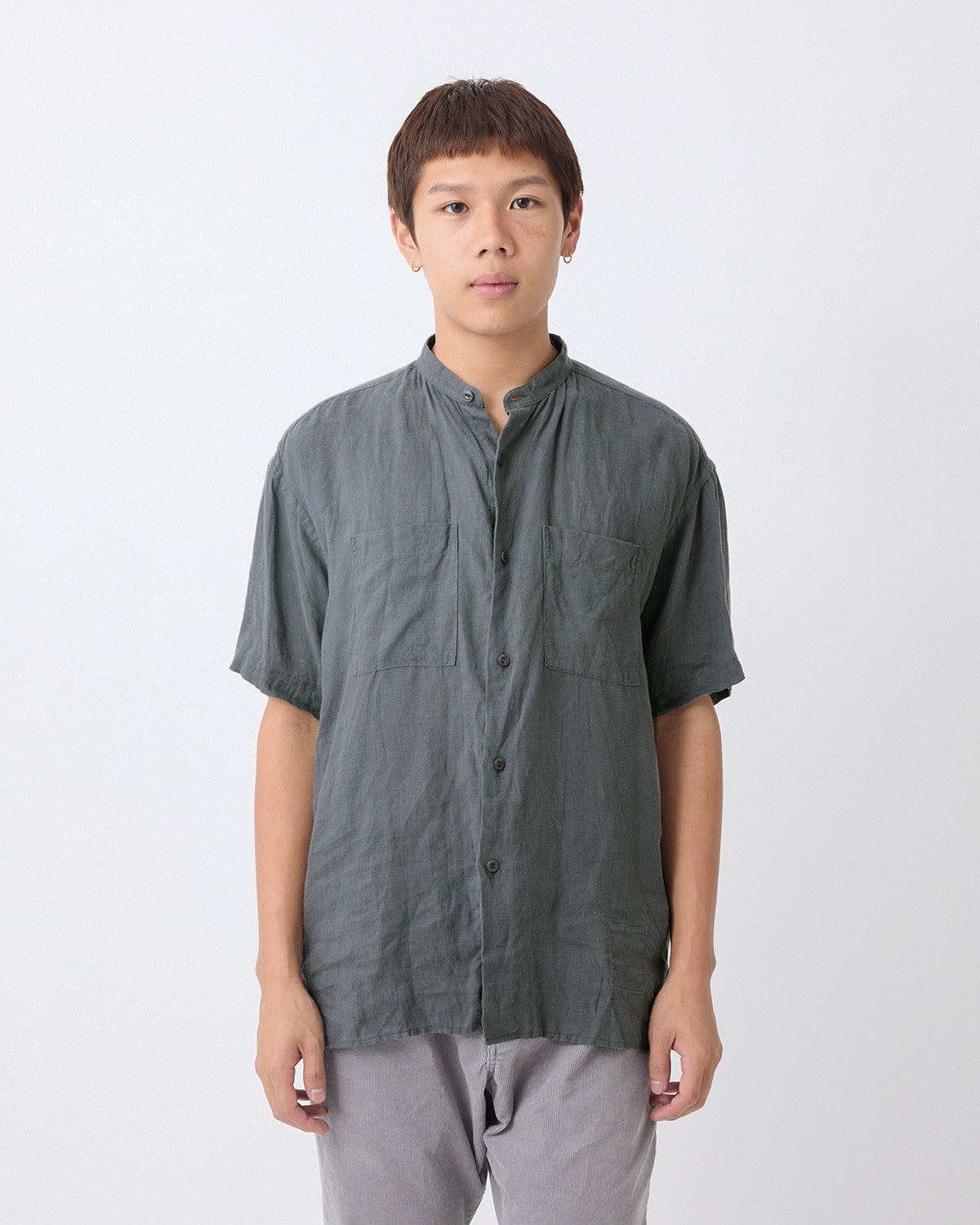 OFFICER STAND COLLAR S/S SHIRT LINEN CANVAS