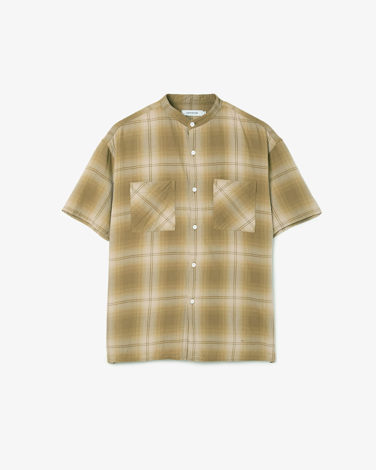OFFICER STAND COLLAR S/S SHIRT COTTON TWILL OMBRE CHECK by Rafu