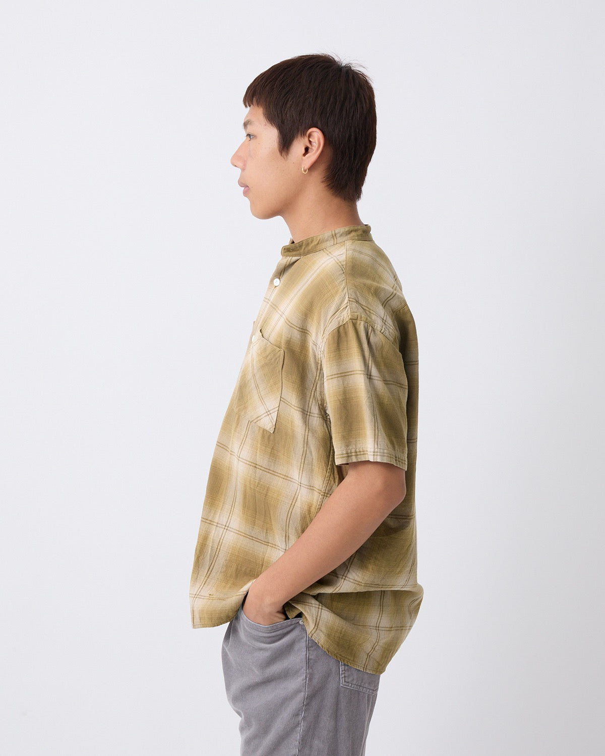 OFFICER STAND COLLAR S/S SHIRT COTTON TWILL OMBRE CHECK by Rafu