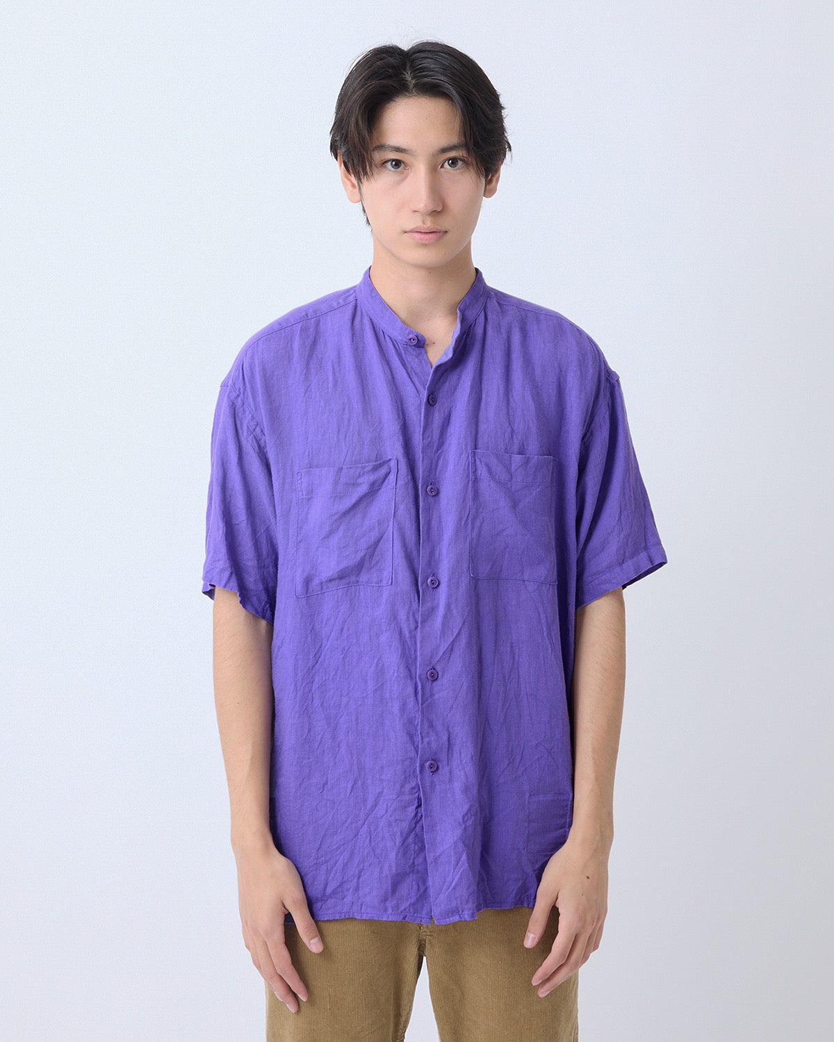 OFFICER STAND COLLAR S/S SHIRT LINEN CANVAS