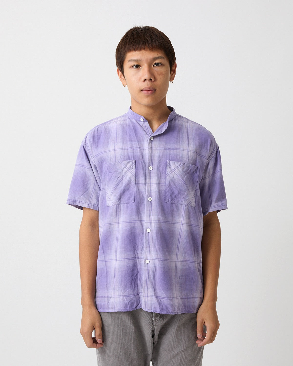 OFFICER STAND COLLAR S/S SHIRT COTTON TWILL OMBRE CHECK by Rafu