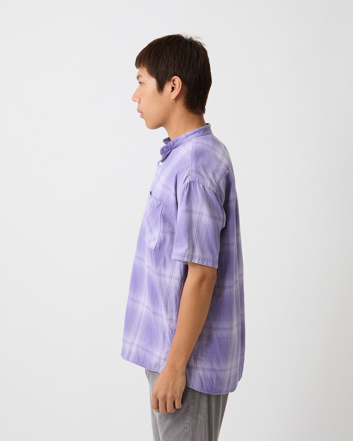 OFFICER STAND COLLAR S/S SHIRT COTTON TWILL OMBRE CHECK by Rafu