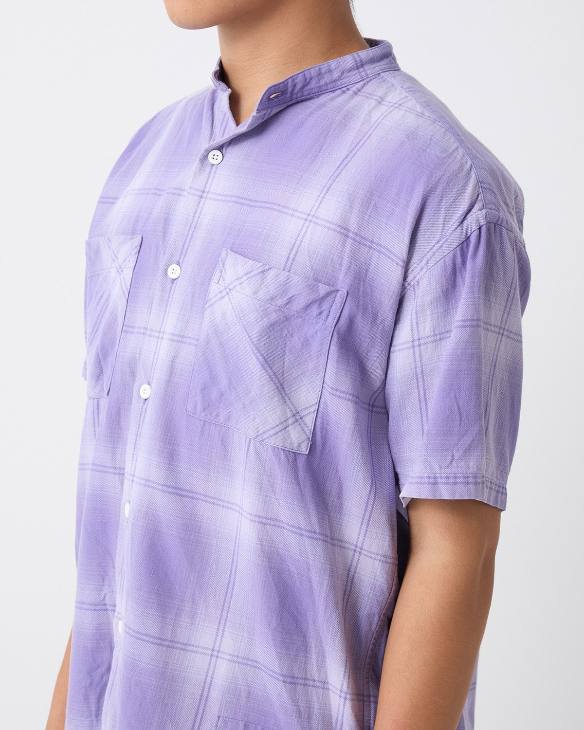 OFFICER STAND COLLAR S/S SHIRT COTTON TWILL OMBRE CHECK by Rafu