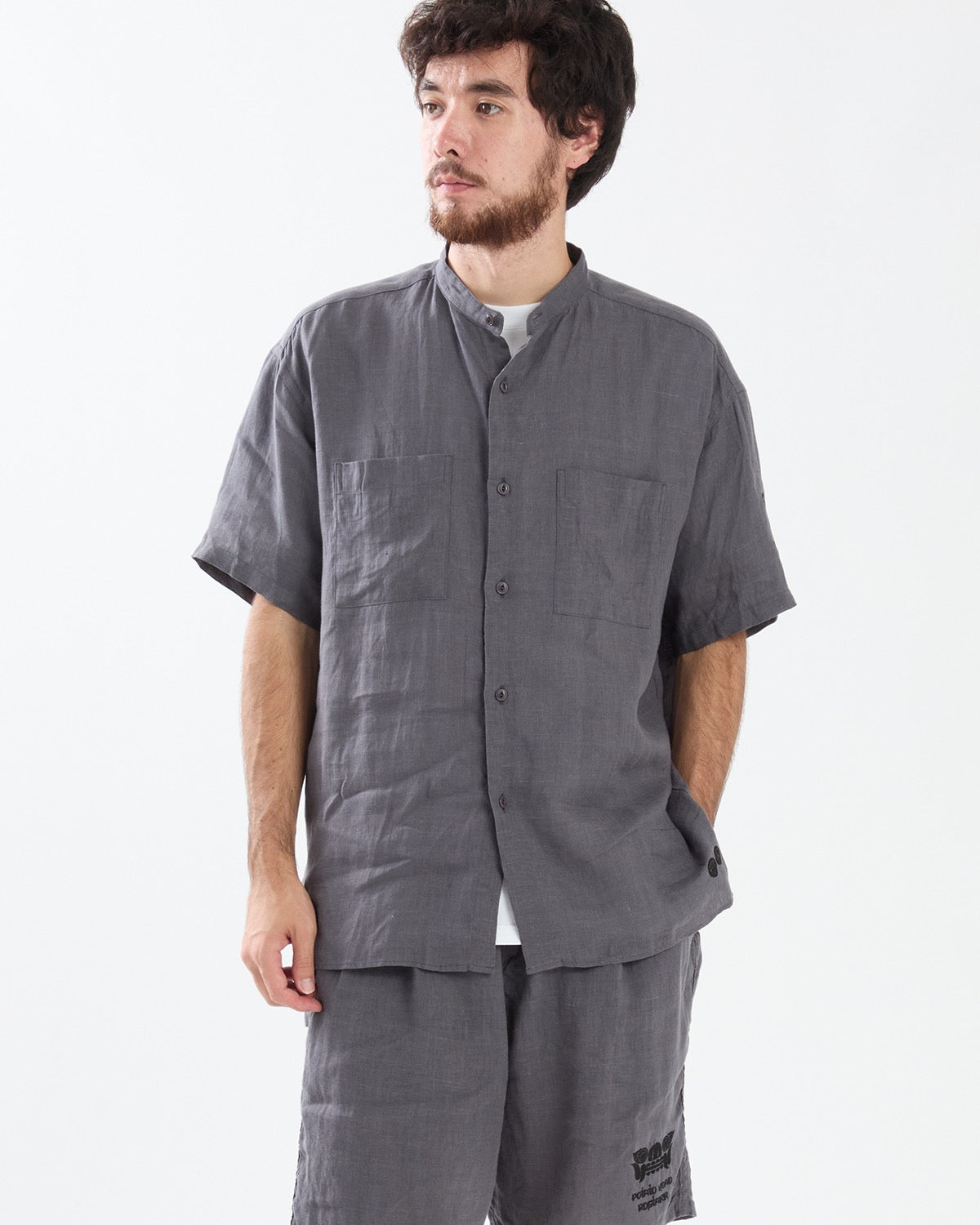 OFFICER STAND COLLAR S/S SHIRT LINEN CANVAS