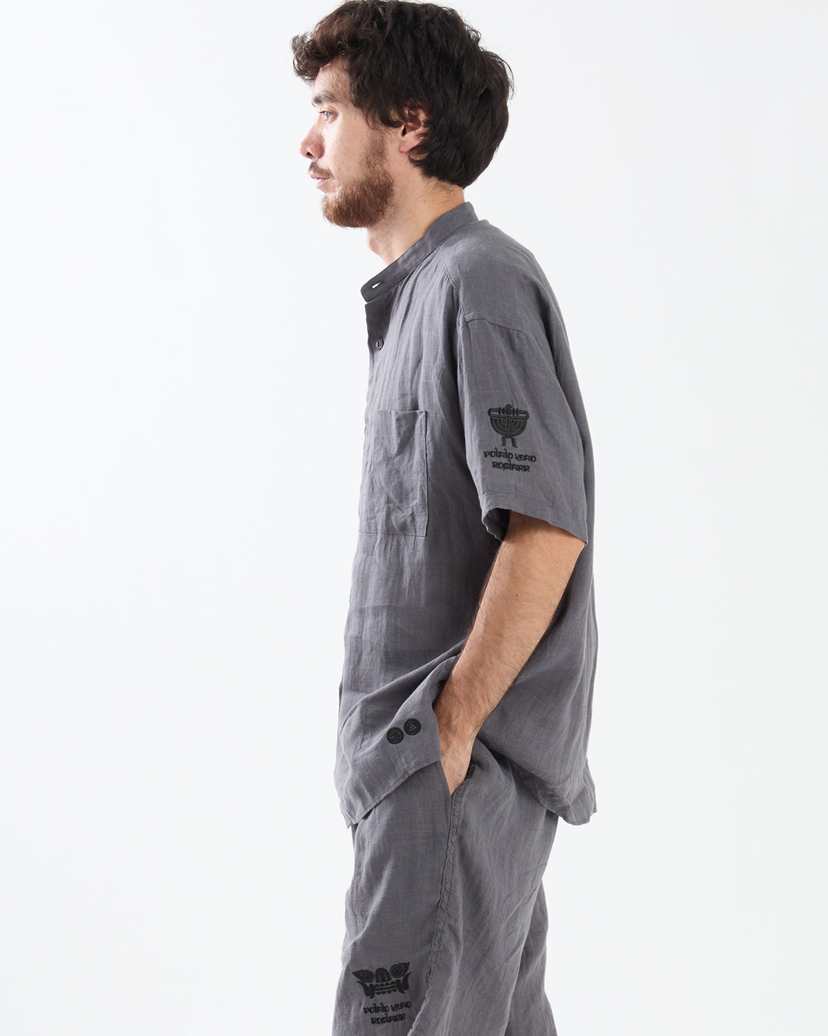 OFFICER STAND COLLAR S/S SHIRT LINEN CANVAS
