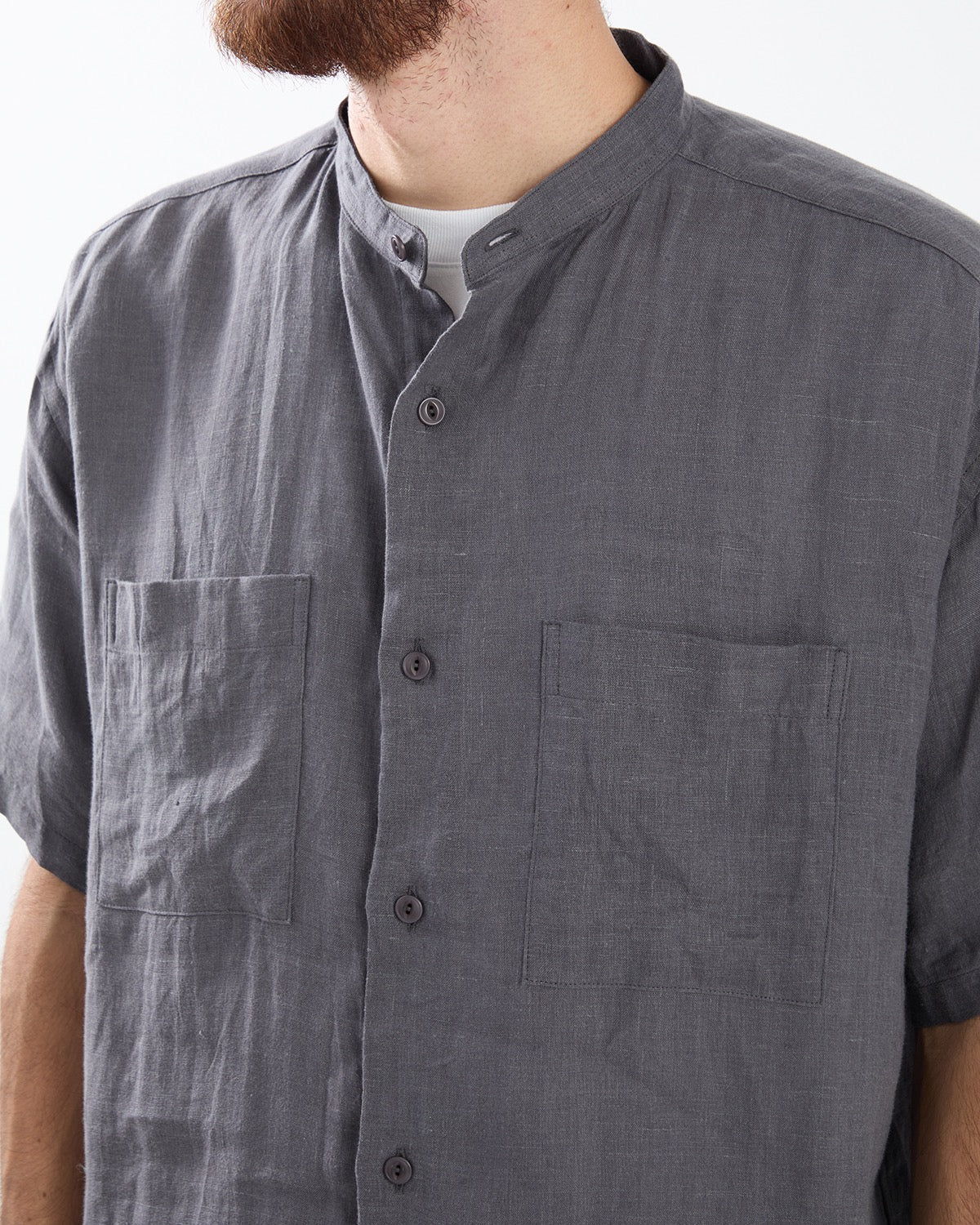 OFFICER STAND COLLAR S/S SHIRT LINEN CANVAS