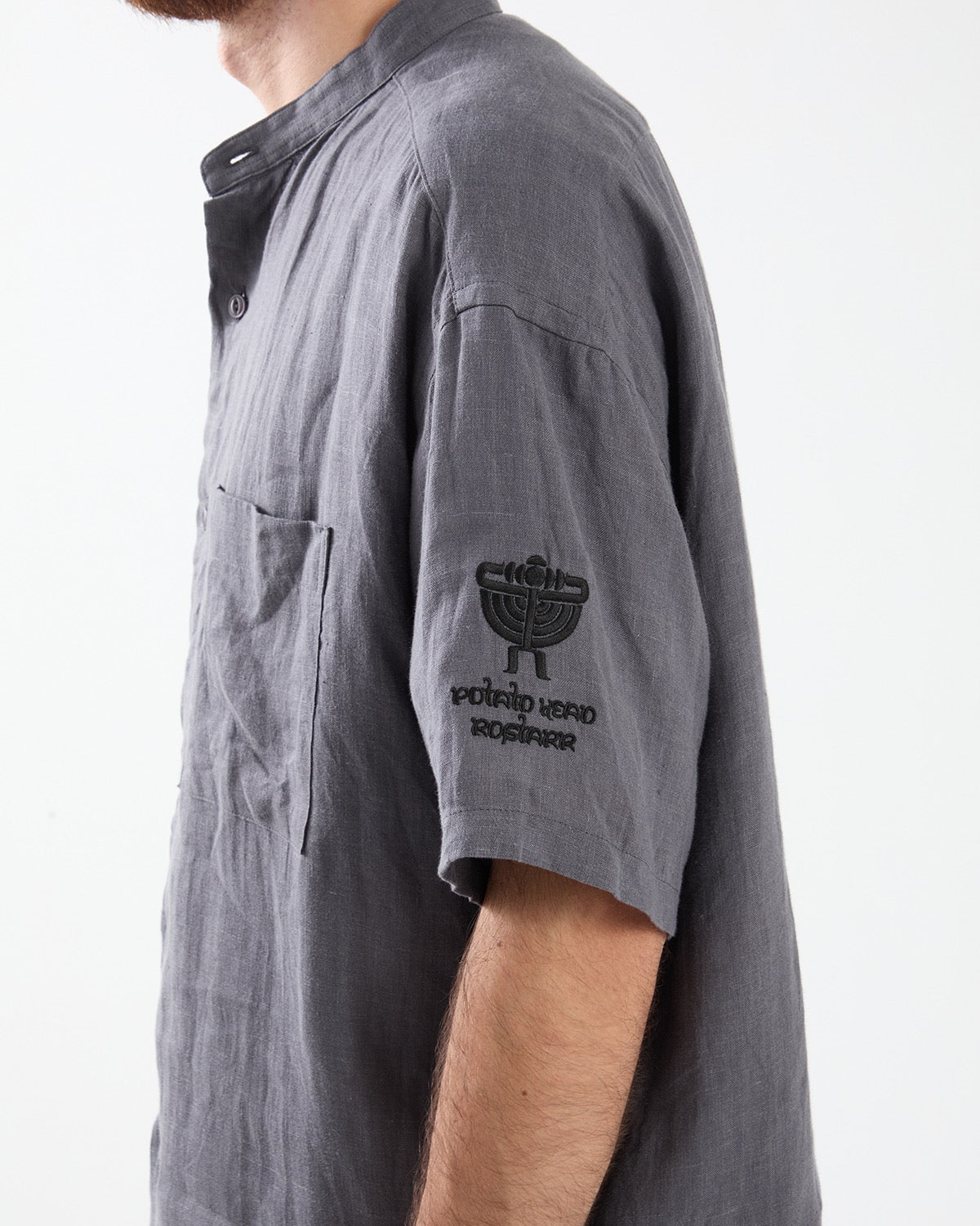 OFFICER STAND COLLAR S/S SHIRT LINEN CANVAS