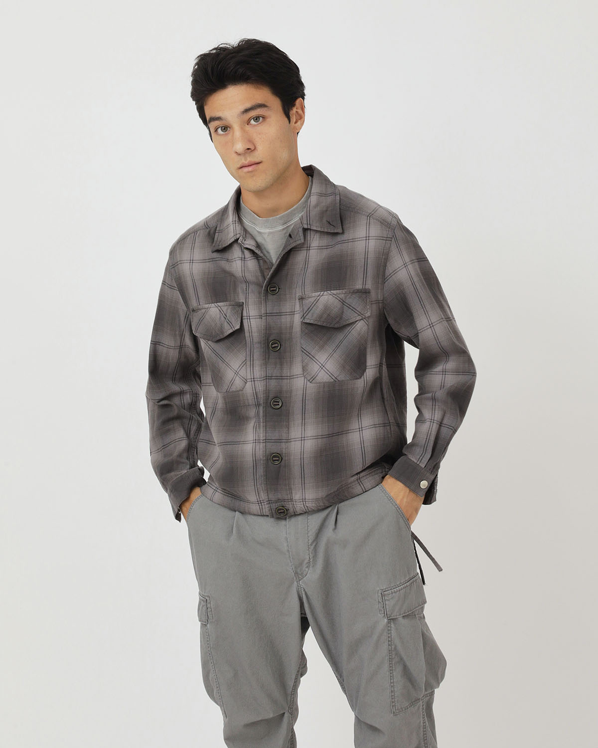 TROOPER SHIRT JACKET COTTON TWILL OMBRE CHECK by Rafu