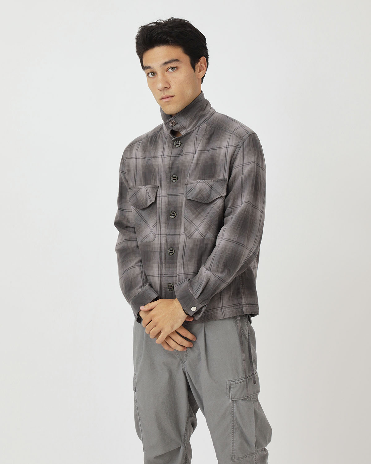 TROOPER SHIRT JACKET COTTON TWILL OMBRE CHECK by Rafu