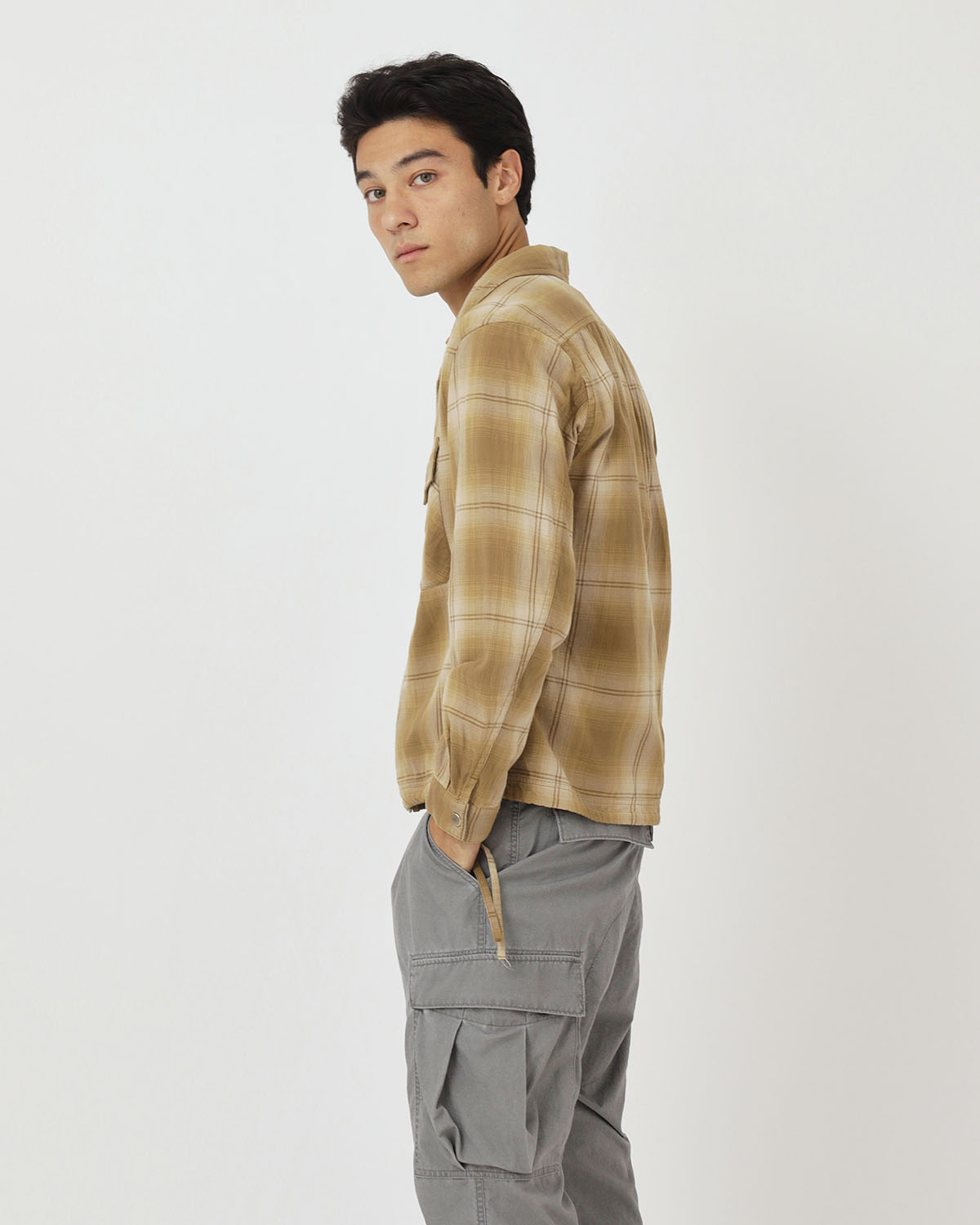 TROOPER SHIRT JACKET COTTON TWILL OMBRE CHECK by Rafu