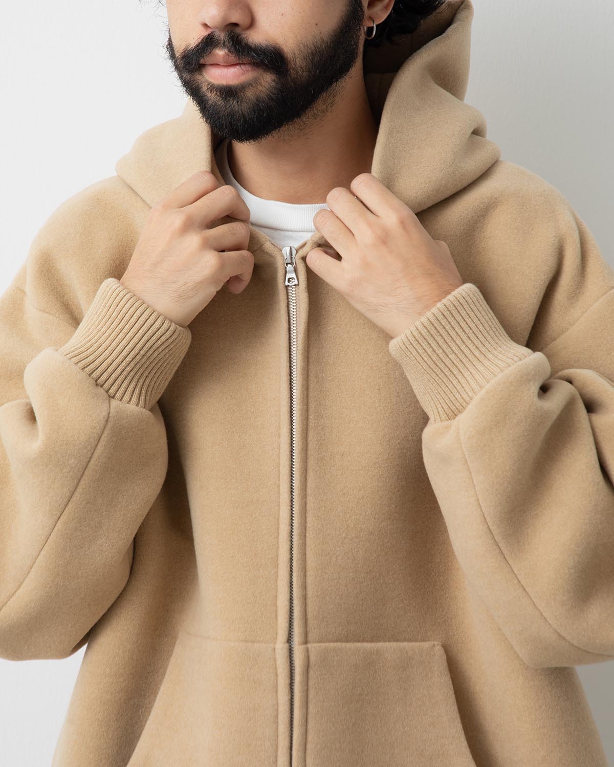 DOUBLE CLOTH HEAVY WOOL PILE ZIP HOODIE