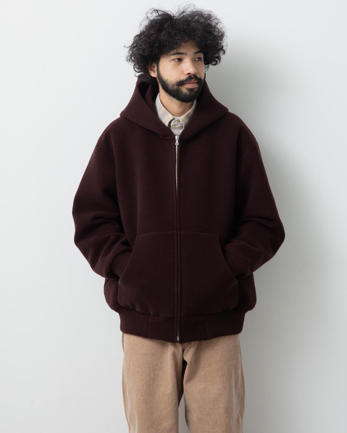 DOUBLE CLOTH HEAVY WOOL PILE ZIP HOODIE