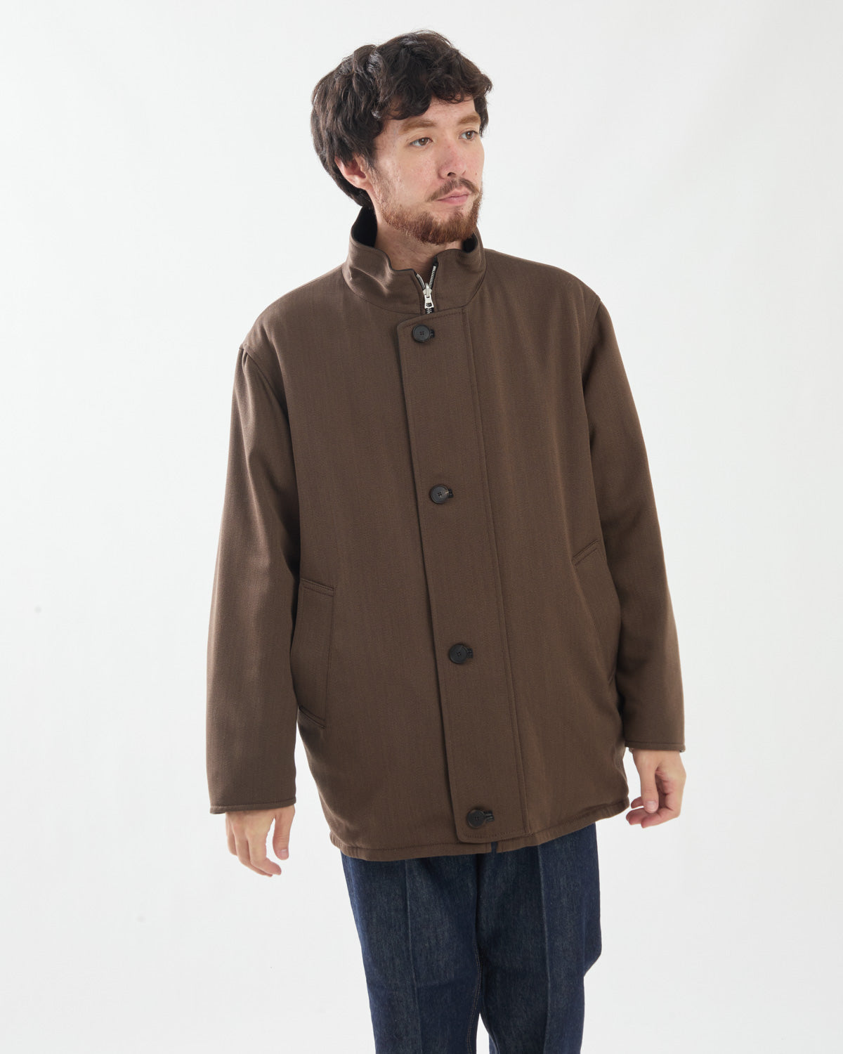 REVERSIBLE WOOL TWISTED TWILL / SHEEP LEATHER HALF COAT