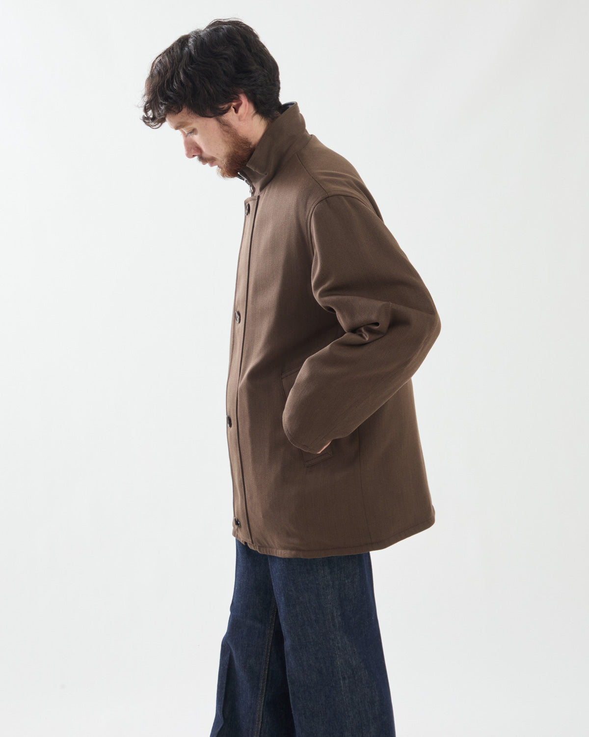 REVERSIBLE WOOL TWISTED TWILL / SHEEP LEATHER HALF COAT