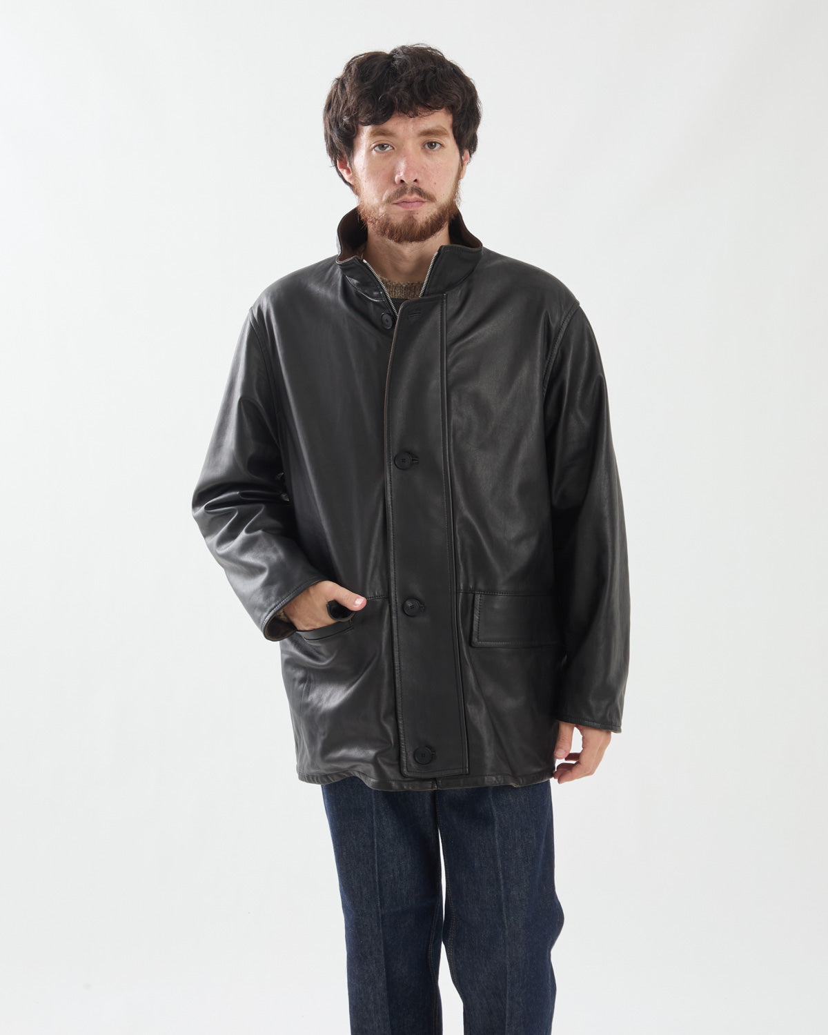 REVERSIBLE WOOL TWISTED TWILL / SHEEP LEATHER HALF COAT