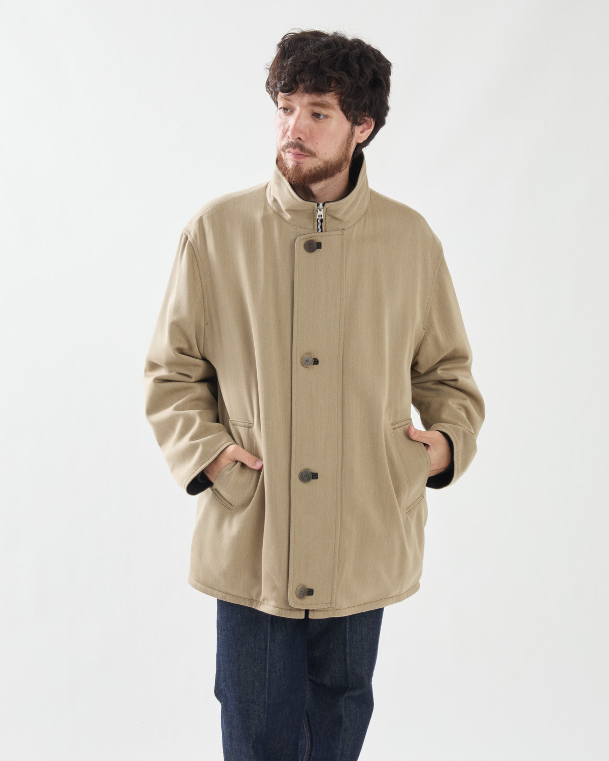 REVERSIBLE WOOL TWISTED TWILL / SHEEP LEATHER HALF COAT