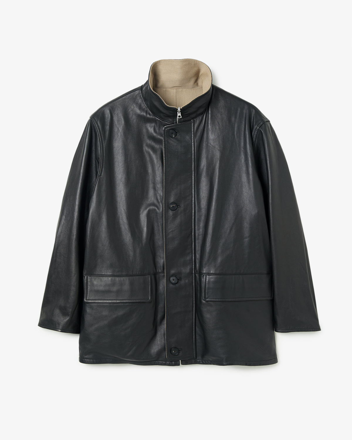 REVERSIBLE WOOL TWISTED TWILL / SHEEP LEATHER HALF COAT